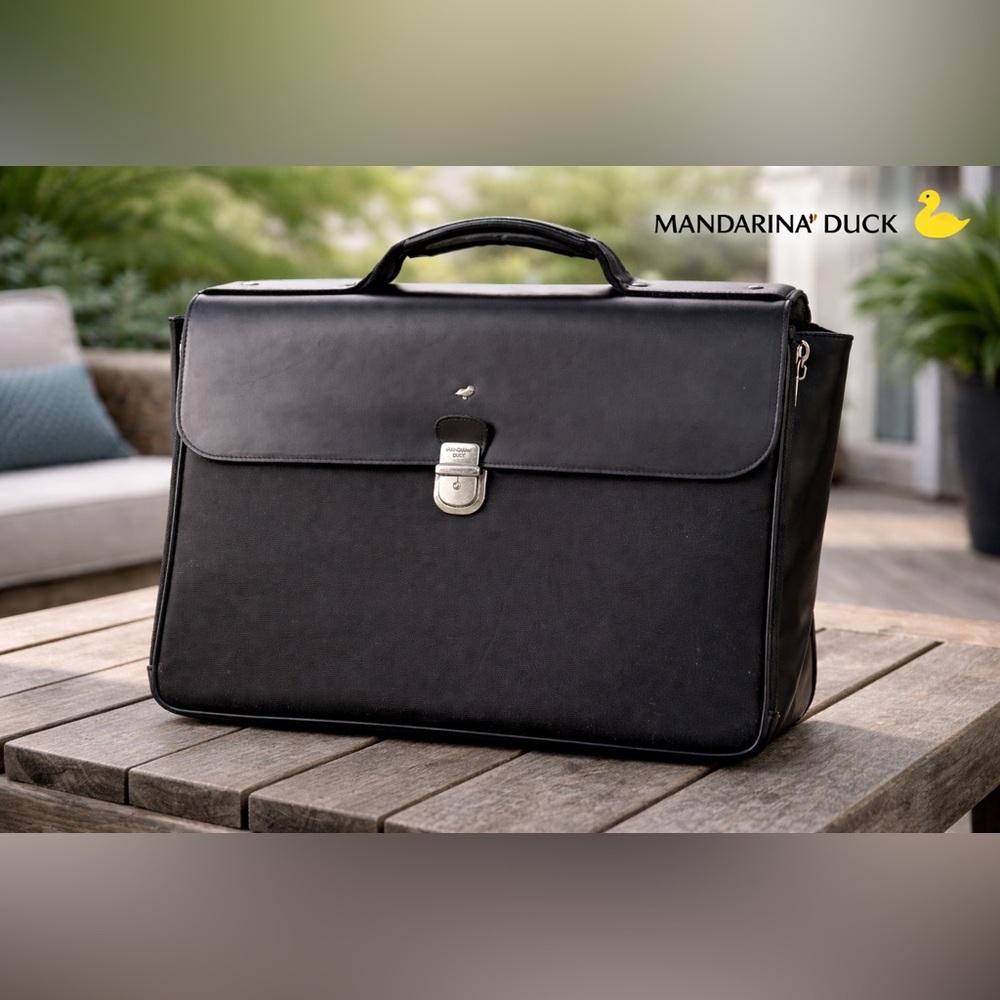 Mandarina Duck Black Leather Briefcase with Top Handle